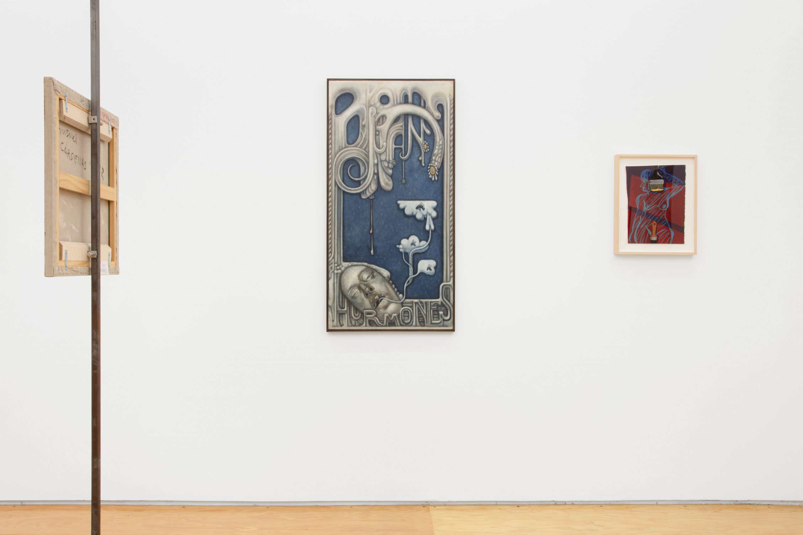 Installation view with three paintings