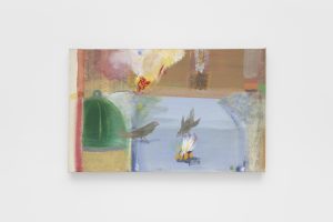 abstract painting with birds, water, and fire