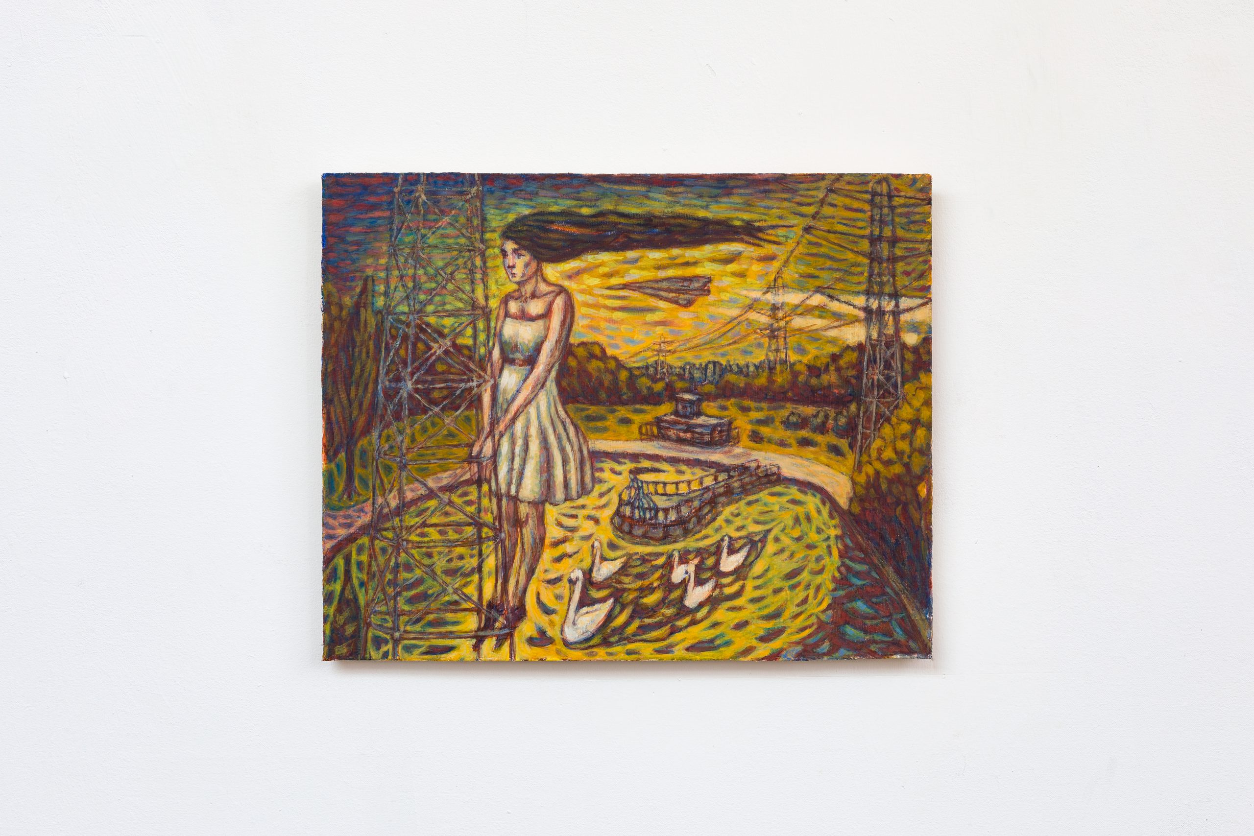 painting of woman on tower overlooking lake