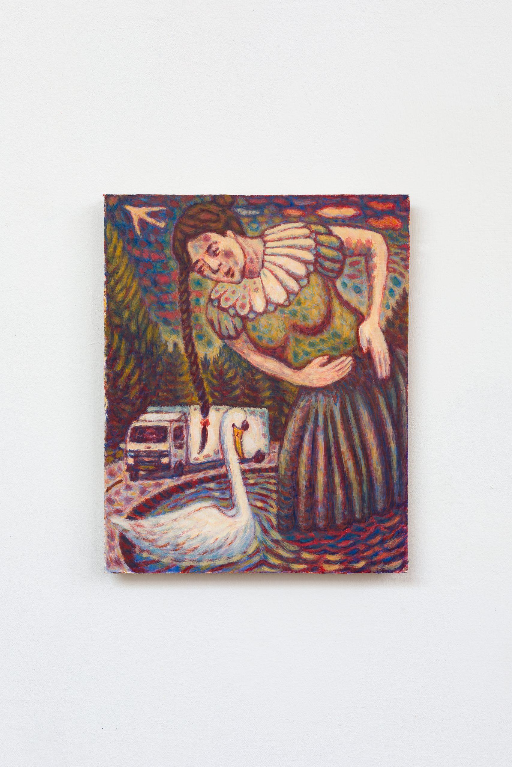painting with female, swan, and truck