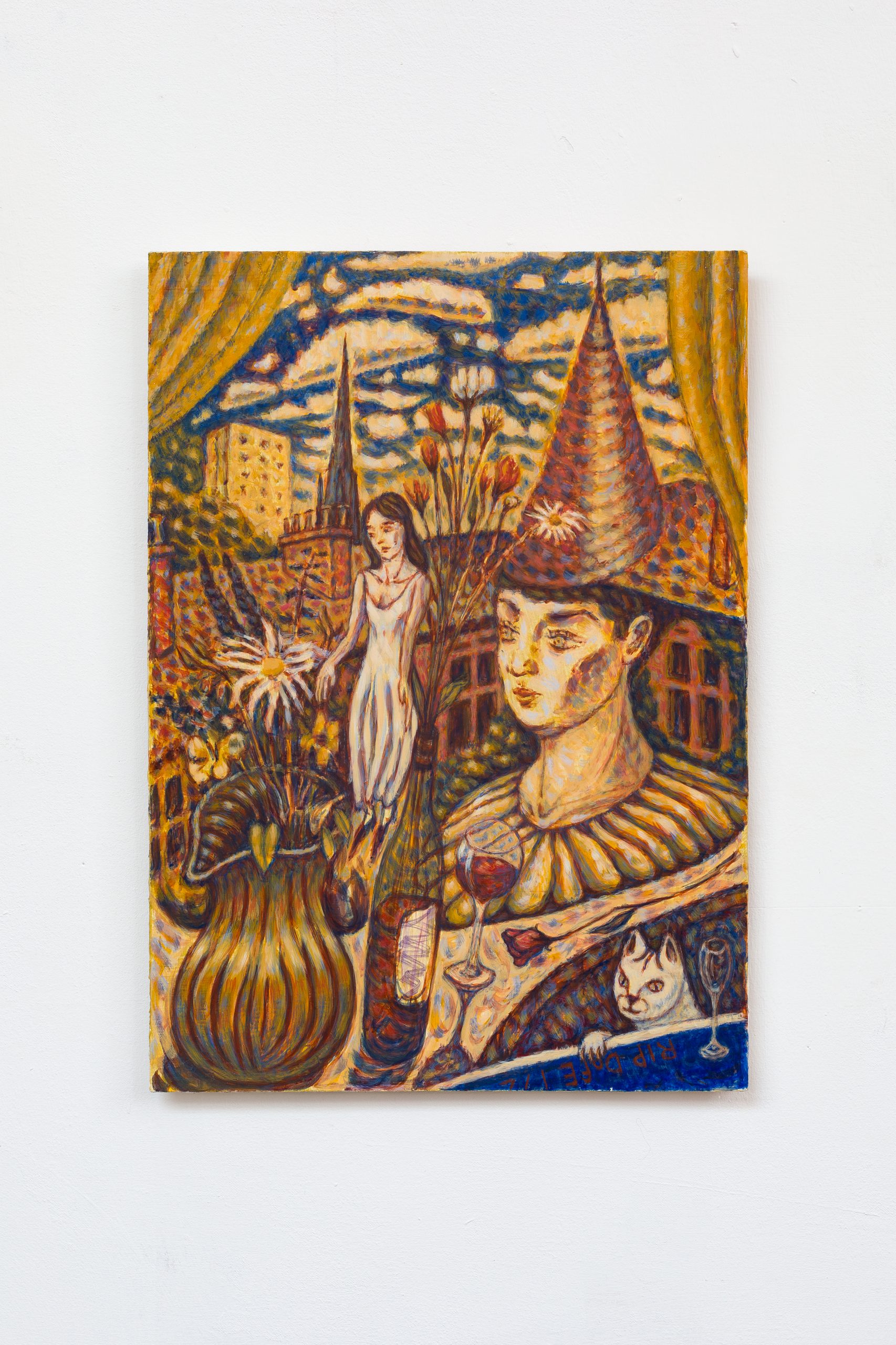 painting of figures with flowers and cat