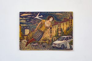 painting of woman floating through urban space