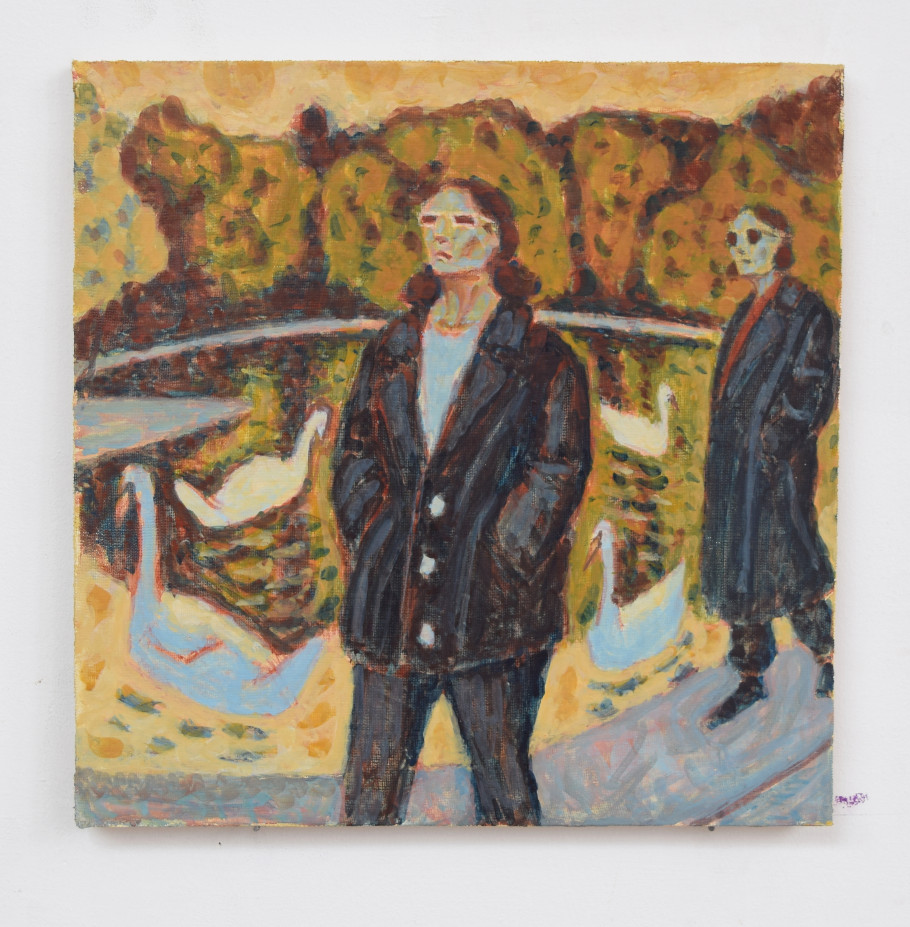 painting of figures with eclipse glasses in front of lake with swans