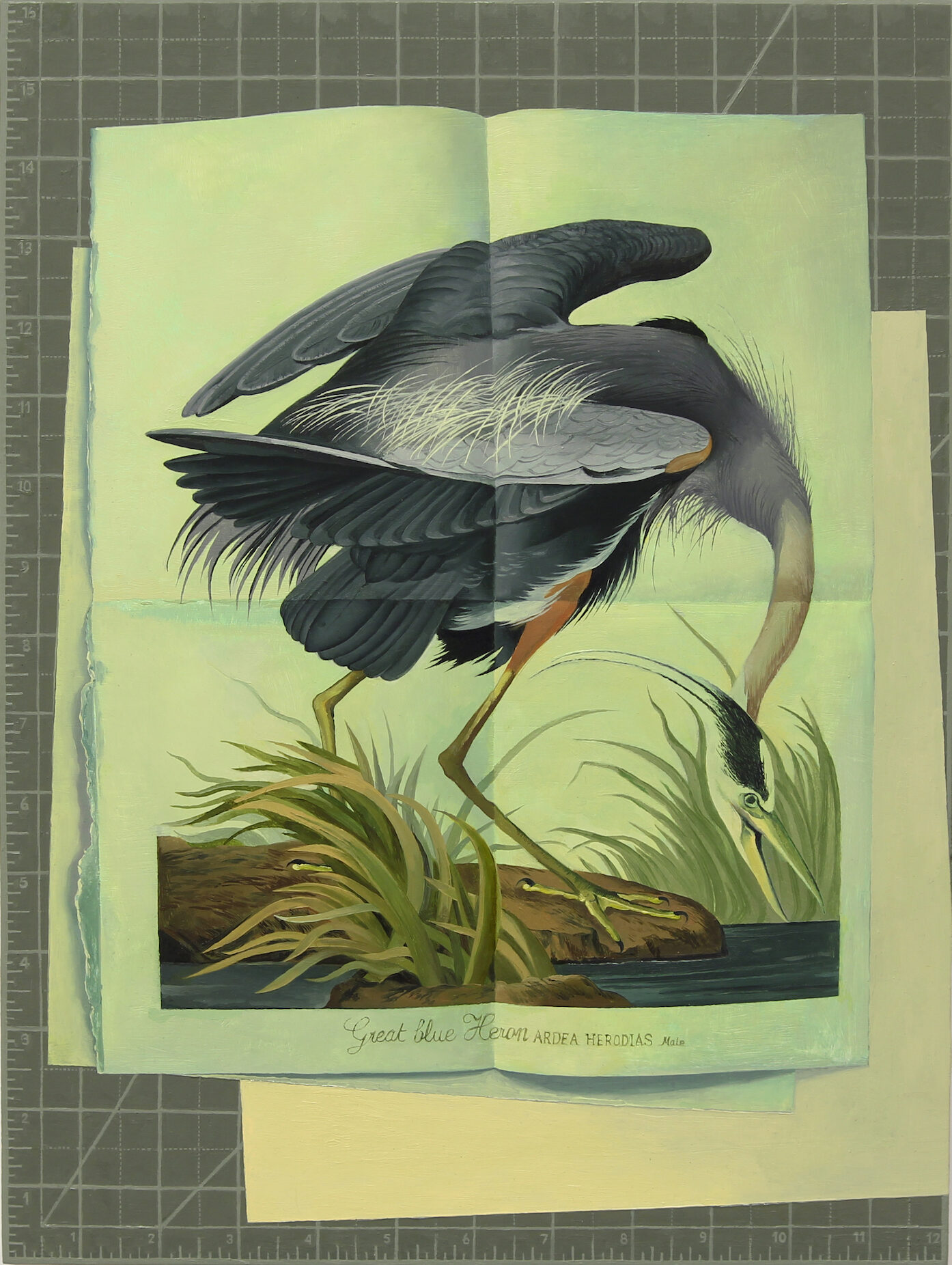 painting of heron on folded paper