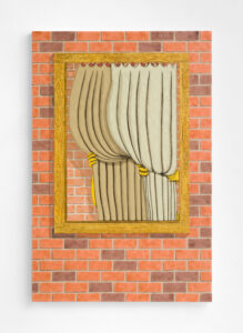 Image of a painting where a person is pulling back curtains from a window against a brick wall