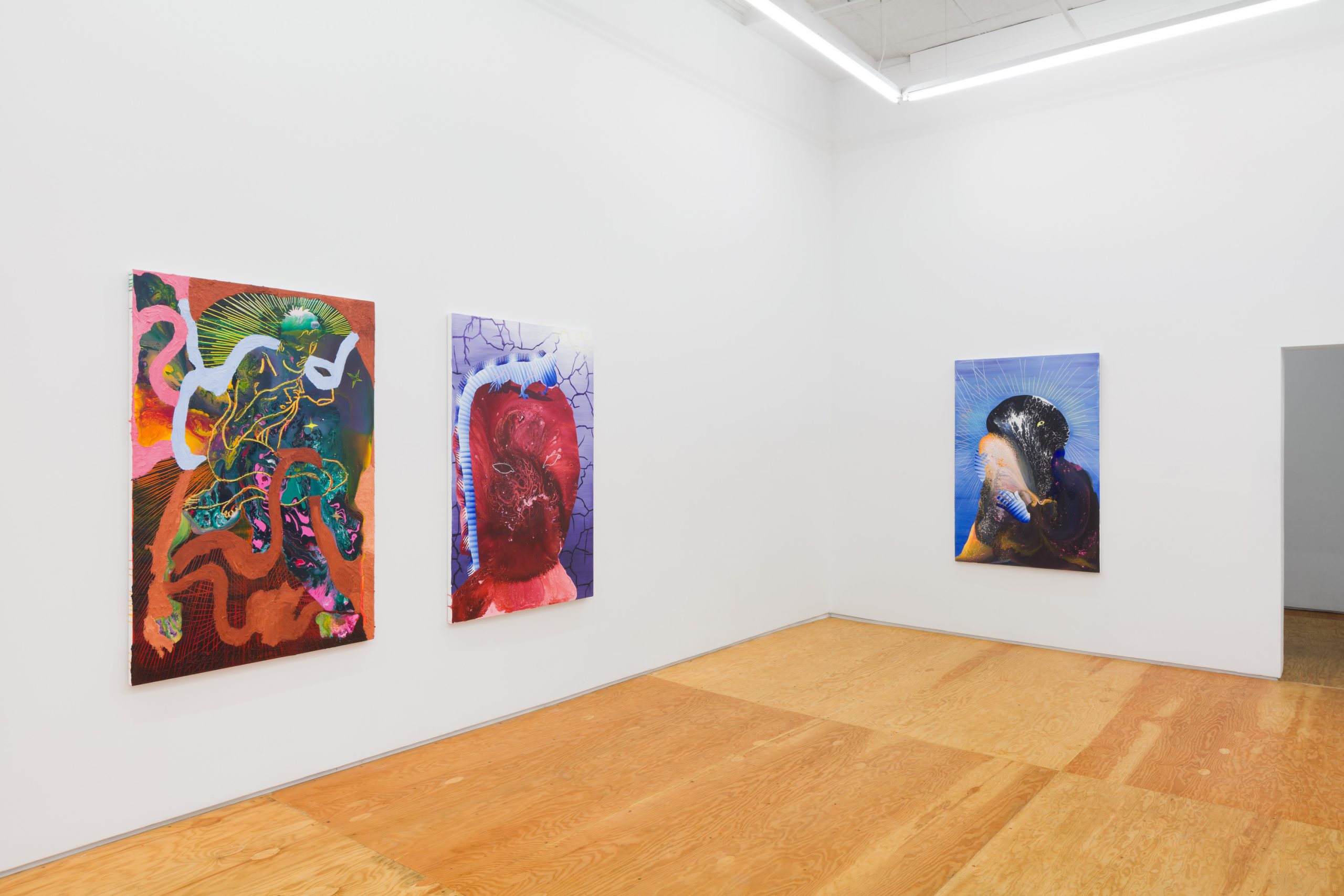 Exhibition view with paintings