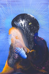 Painting with a black figure holding a small orange figure