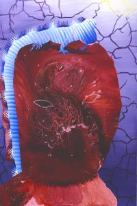 Painting of a large purple head with iguana