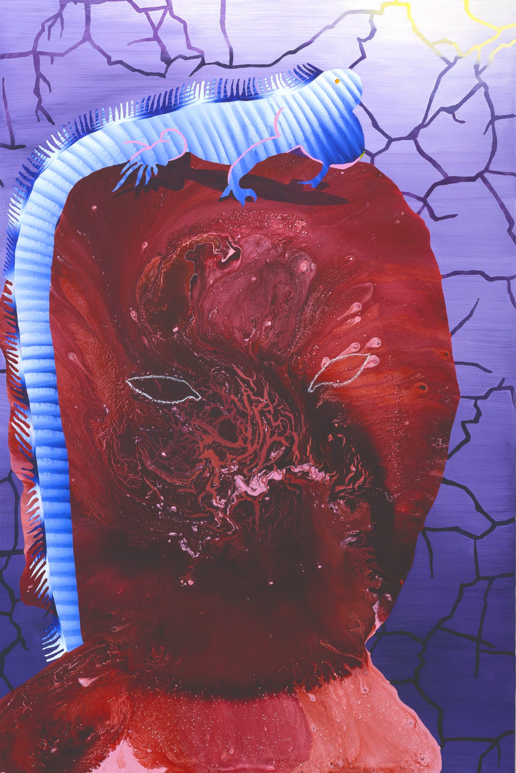 Painting of a large purple head with iguana