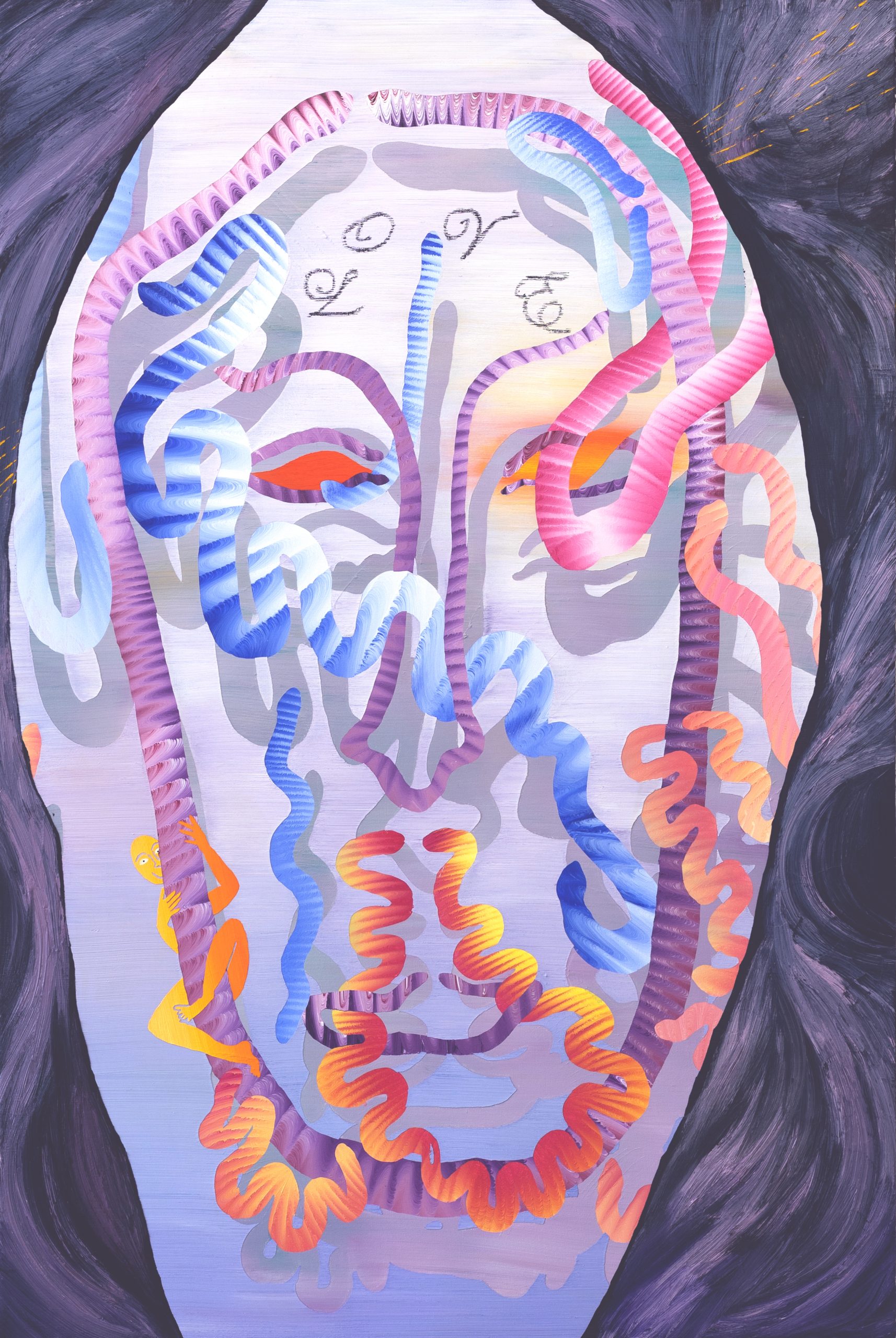 Painting of a figure with colorful snake-like shapes