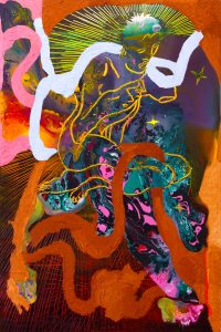 Painting of a colorful figure with snake-like shapes surrounding the figure