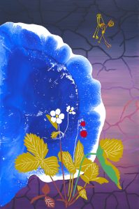 Painting of wil strawberries with a blue background