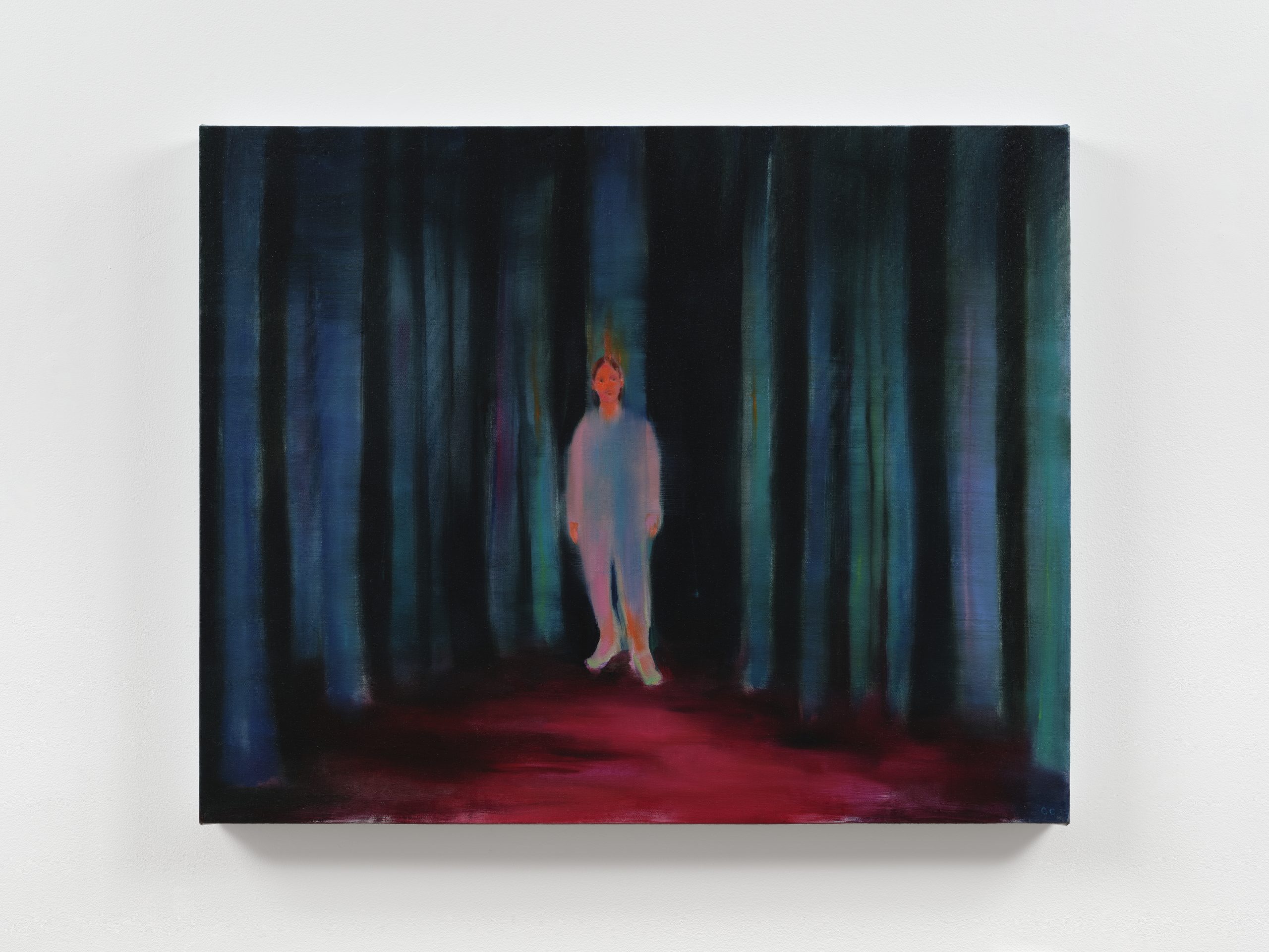 A painting of a frontal lone figure in a dark, abstract forest. The background features tall, indistinct trees in deep greens and browns, with both figure and background appearing slightly blurred.