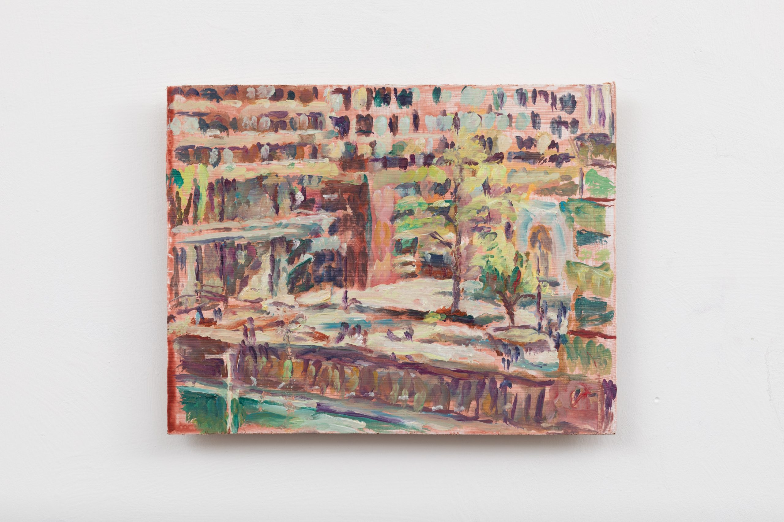 An impressionistic painting featuring a building with numerous windows and a small courtyard. Trees and shrubs add greenery to the scene, and the colors are warm with tones of brown, green, and pink.