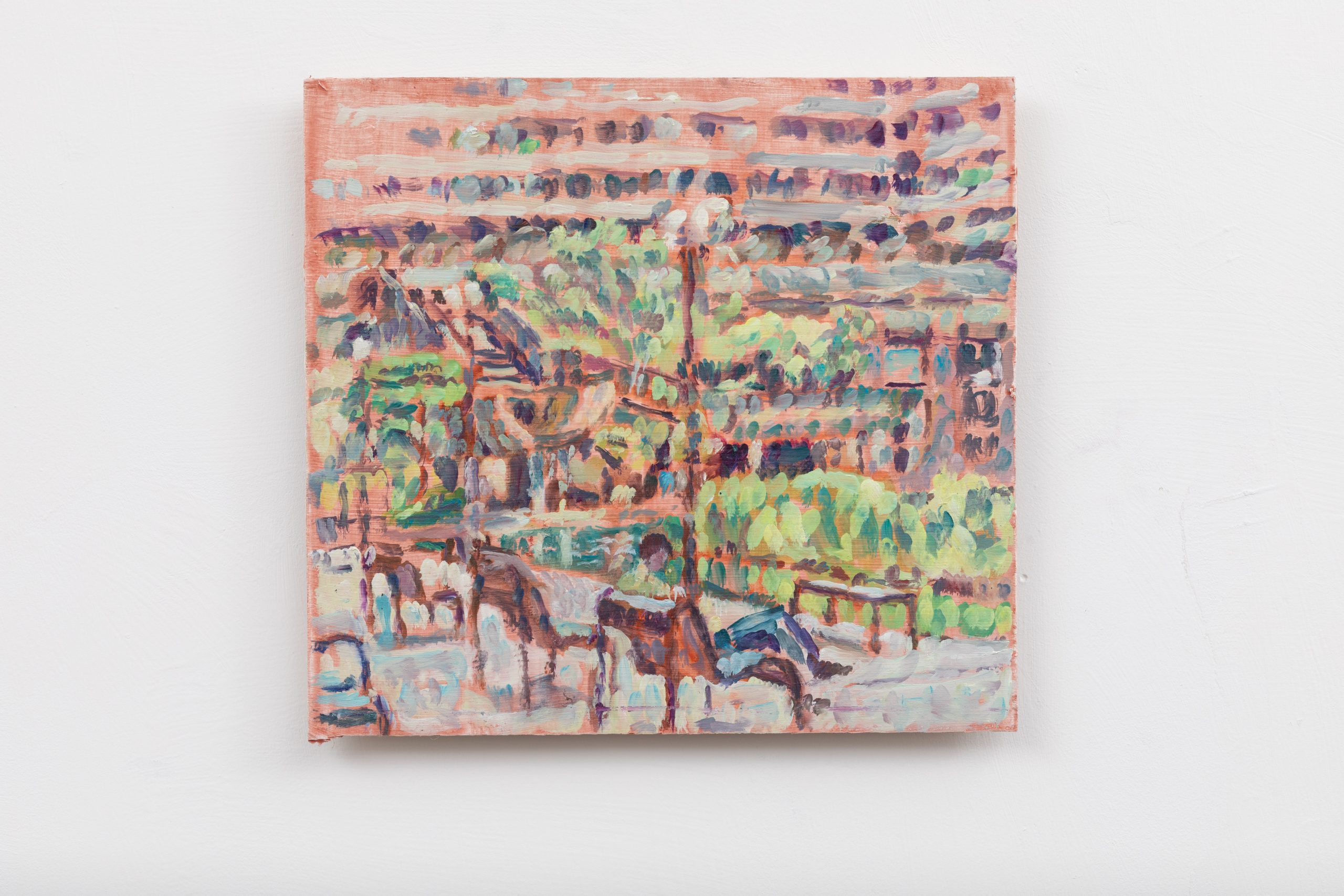 A colorful, abstract painting featuring sitting figures on park benches and greenery. The image has a blurred, impressionistic style with vivid brush strokes in shades of green, brown, and purple.