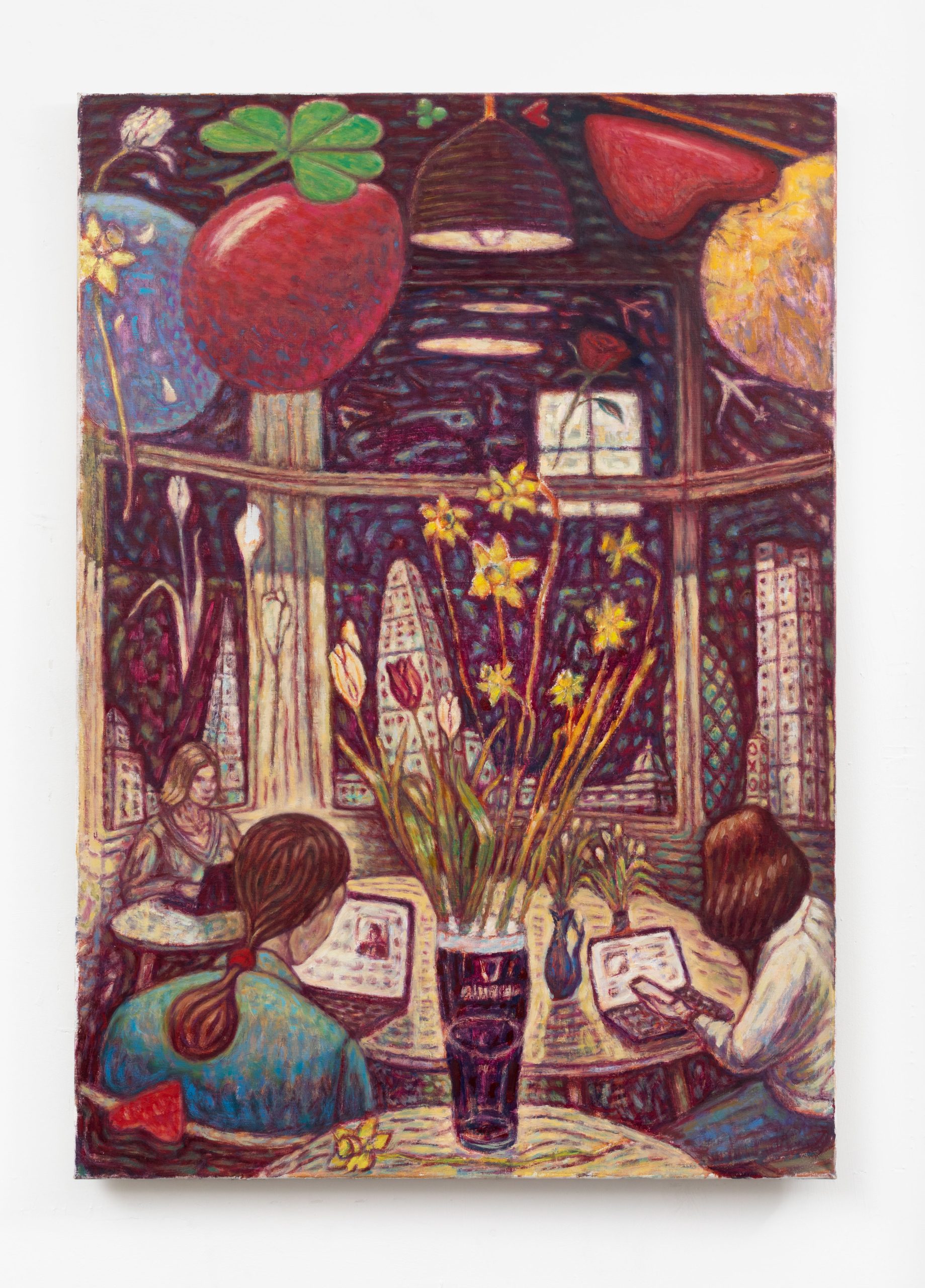 A vibrant painting captures the lively ambiance of a café, where three people converse amid flowers on the table and large fruit decor. Light fixtures cast a warm glow, while a cityscape unfolds through the window, seamlessly blending art and urban life.