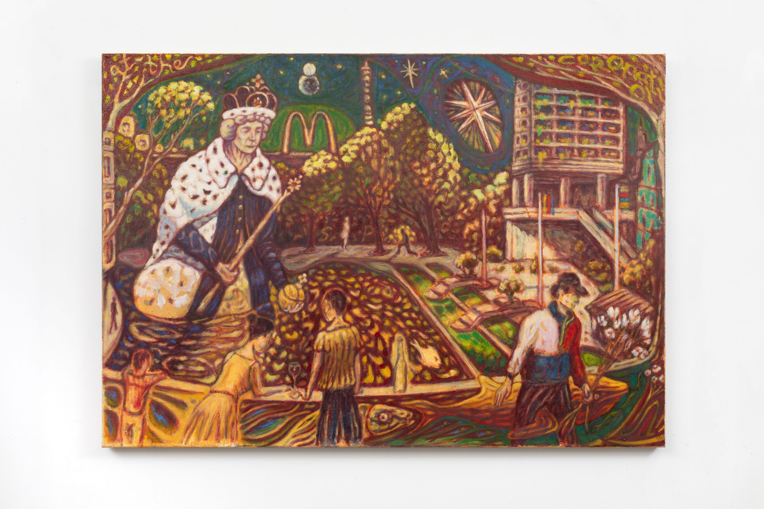 Colorful painting featuring a king in a royal robe overseeing a vibrant, busy scene. People work among lush gardens, a cityscape in the background, and celestial elements like stars and planets in the sky.