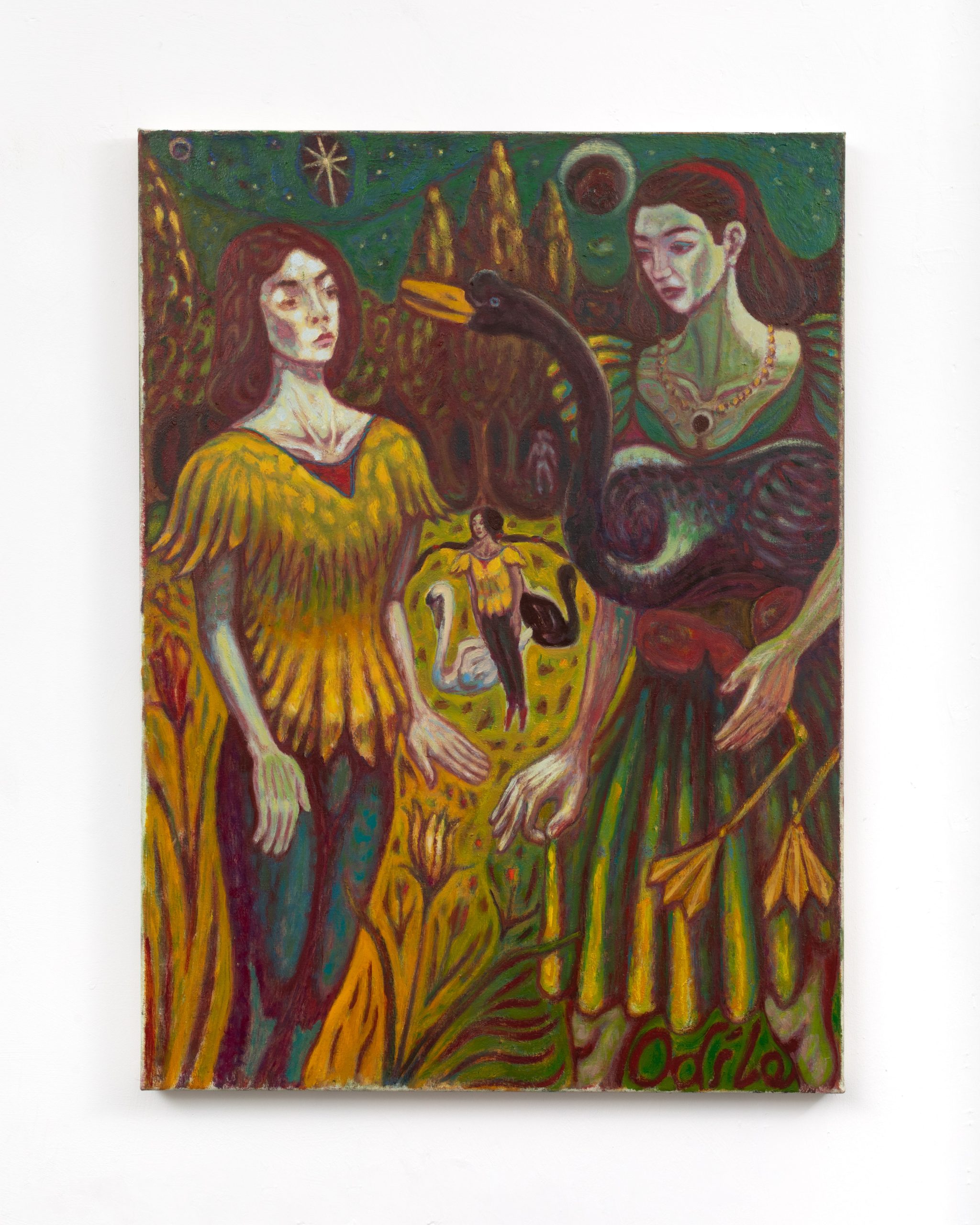 A surreal painting depicts two women in vivid, textured clothing. One holds a dark swan with a crescent-shaped neck. The background features trees, celestial symbols, and vibrant, swirling colors, creating a mystical atmosphere. Between the two figures, two swans and another figure.