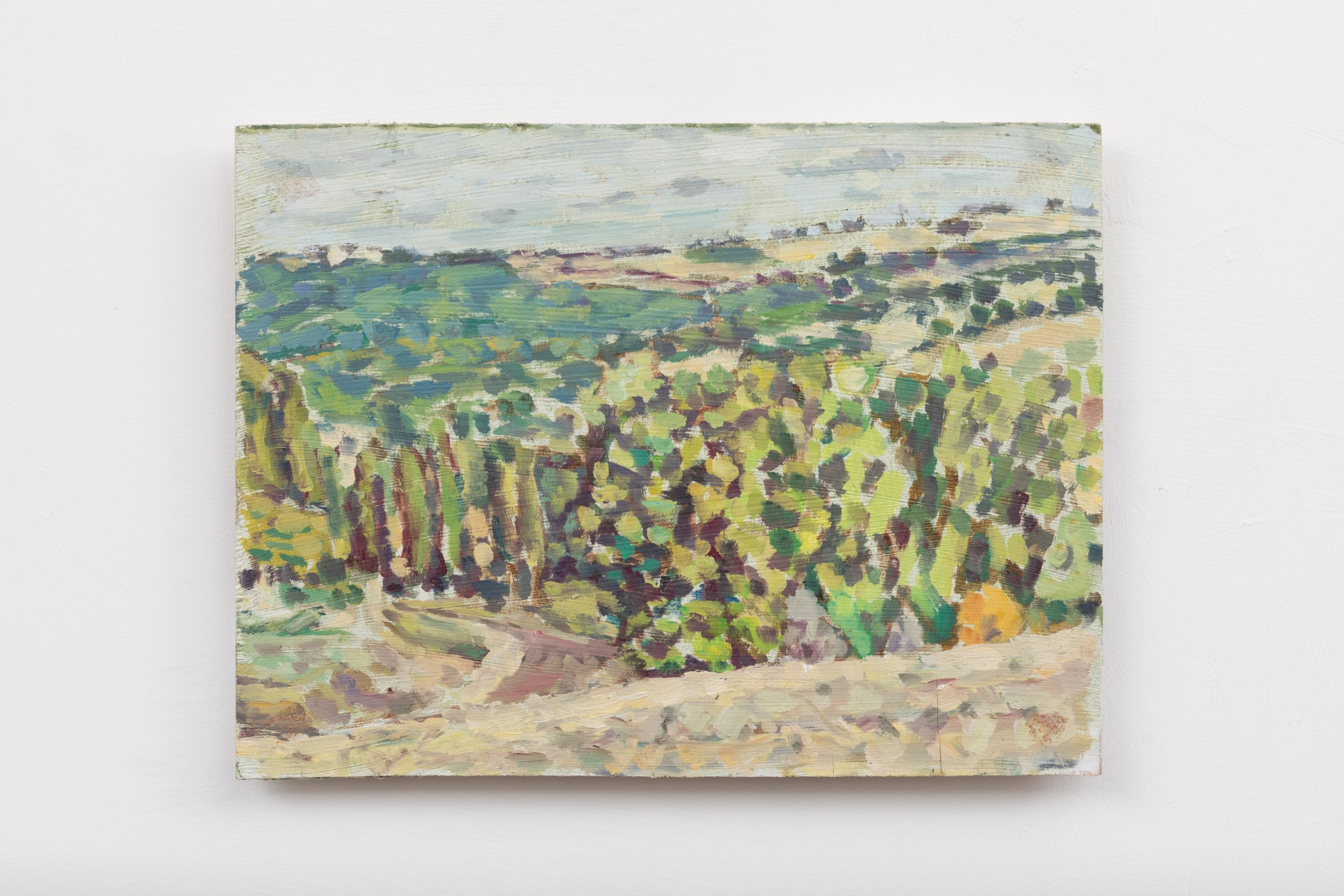 An abstract impressionist painting featuring a landscape with earthy tones. Brushstrokes form a view of fields and greenery extending into the distance, capturing a serene, sunlit countryside scene.
