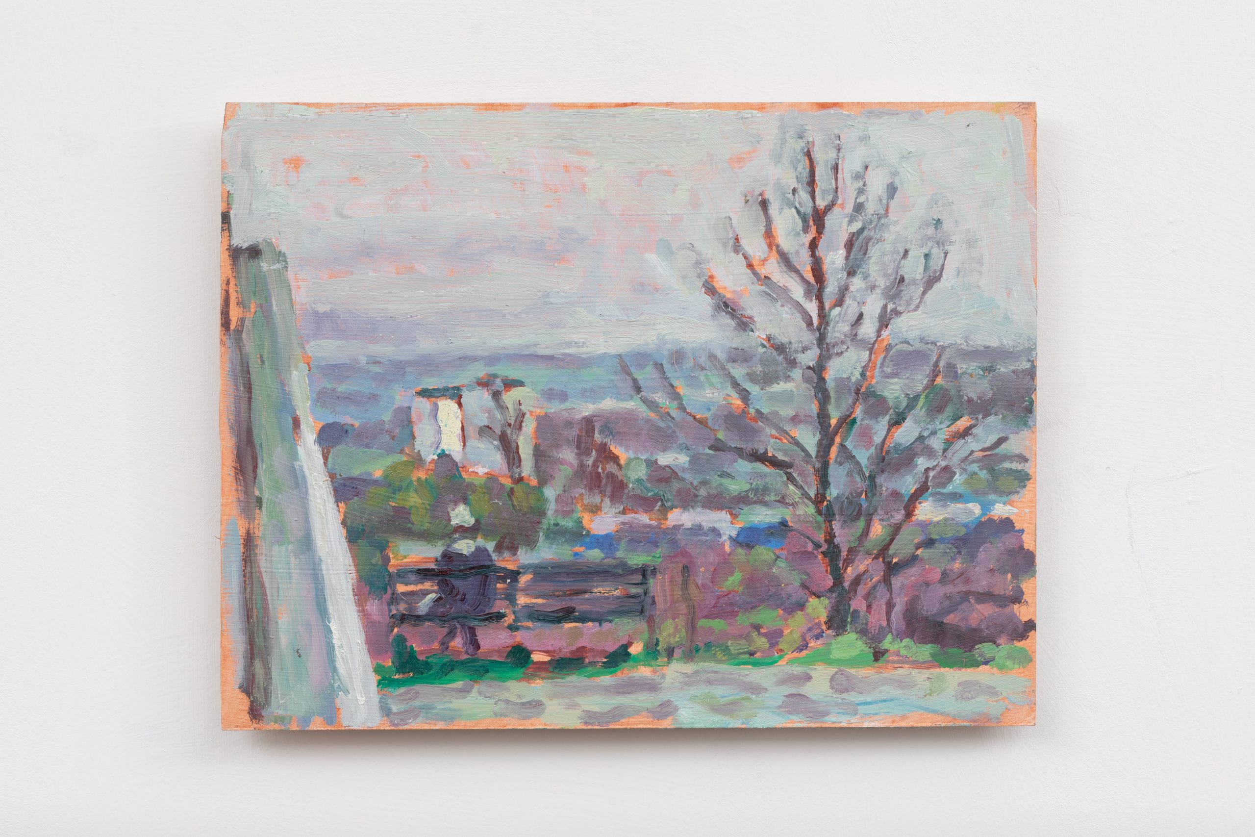 A painting of a landscape featuring a bare tree in the foreground. The background shows a hazy sky with faint buildings and greenery. The brushstrokes are impressionistic, using soft, muted colors for a serene atmosphere.