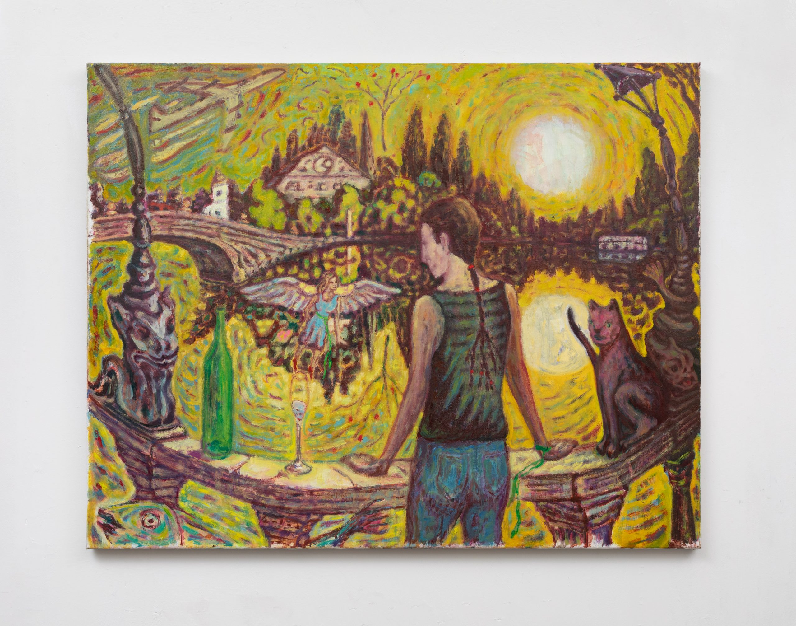 An abstract painting depicts a figure standing on a balcony overlooking a vibrant, swirling landscape. A cat sits nearby while an angel-like figure hovers above the scene. The background features a bright sun, trees, and houses.