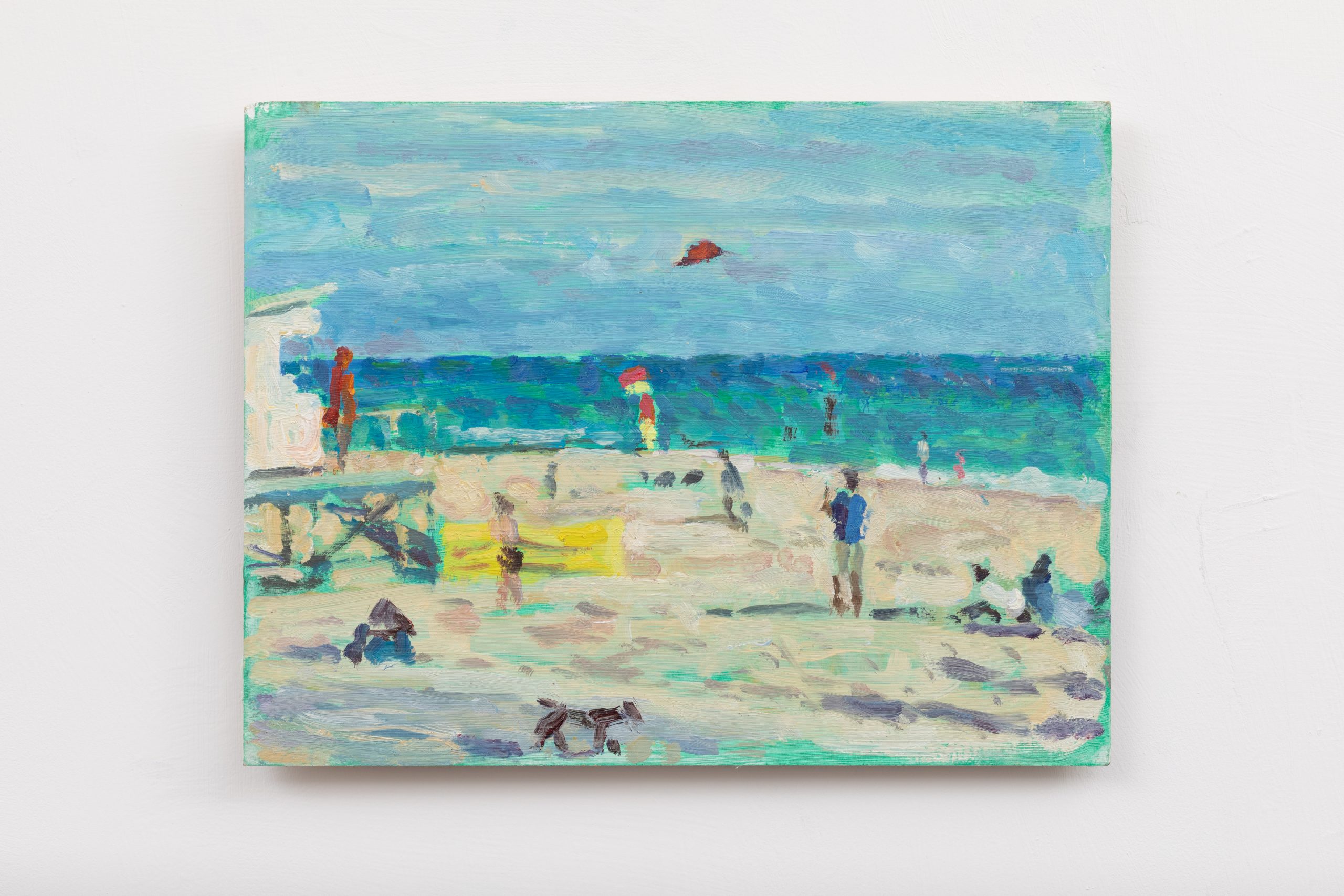 Painting of a beach scene with abstract figures. A kite flies in the blue sky above the ocean. Hints of yellow and red colors are visible among the soft blue and green tones. The image evokes a peaceful, sunny day by the sea.