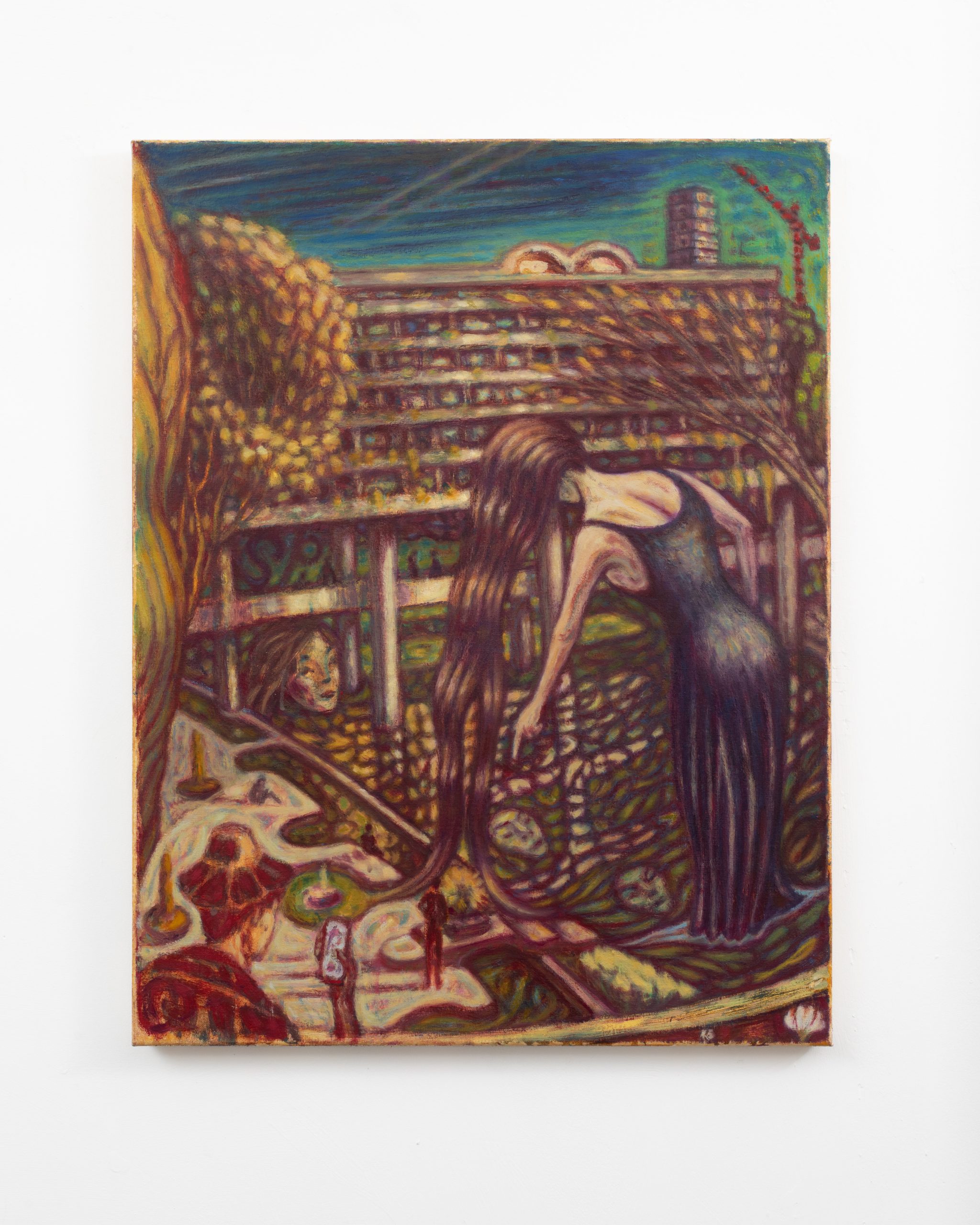 Surreal painting depicting a large woman in a dark dress with long hair leaning over a cityscape. Her hair reaches the ground, merging with the urban environment. The scene includes abstract trees, buildings, and figures.