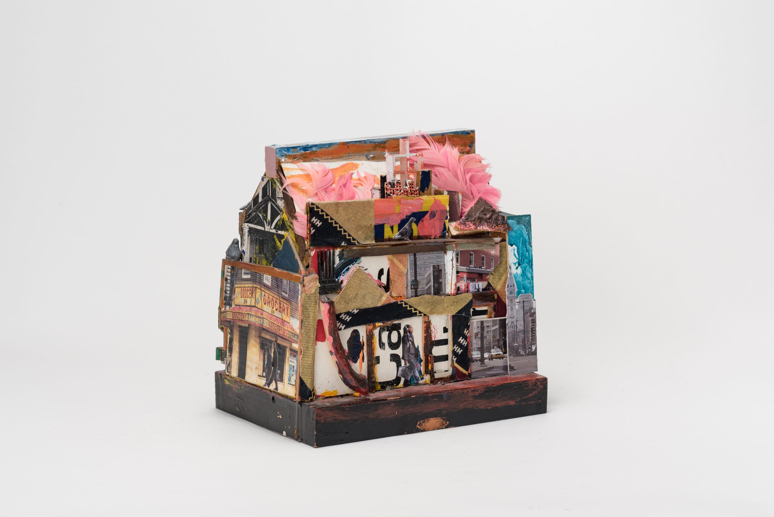 Collage, mixed media, found objects, sculpture small house by artist Leroy Johnson