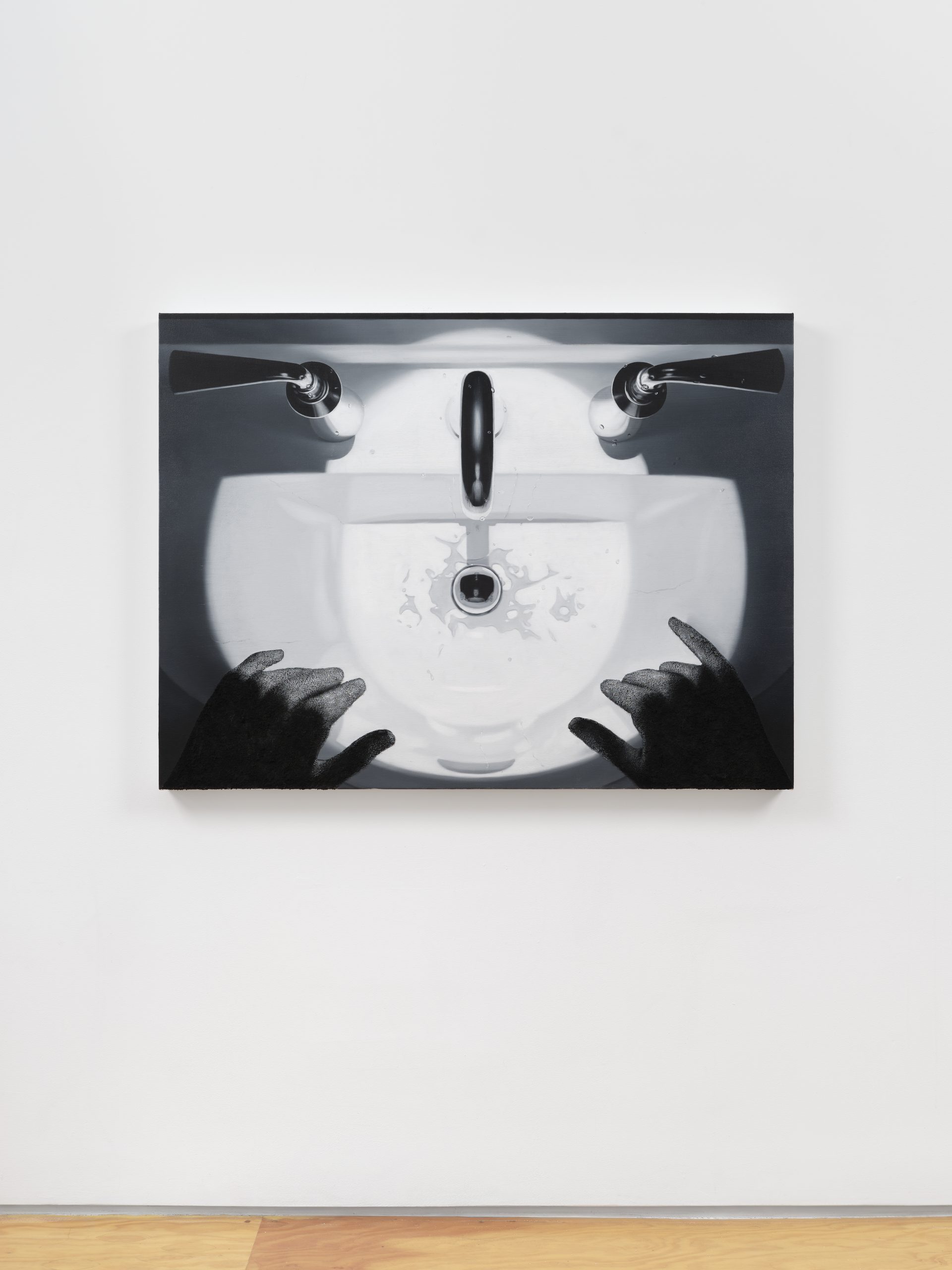 Painting in muted colors, from self point of view, hands leaning on sink, self-reflection on faucet