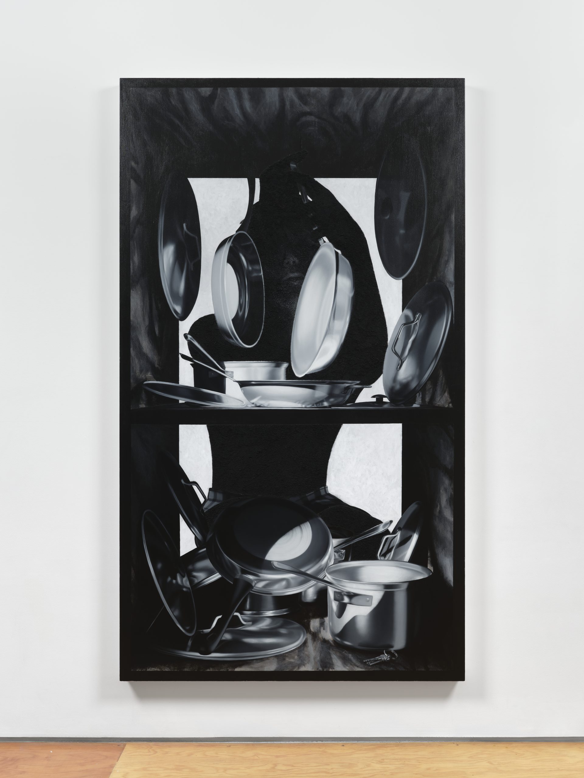 Muted color painting, Silhouette of figure behind pans and pots, some falling, evokes sound