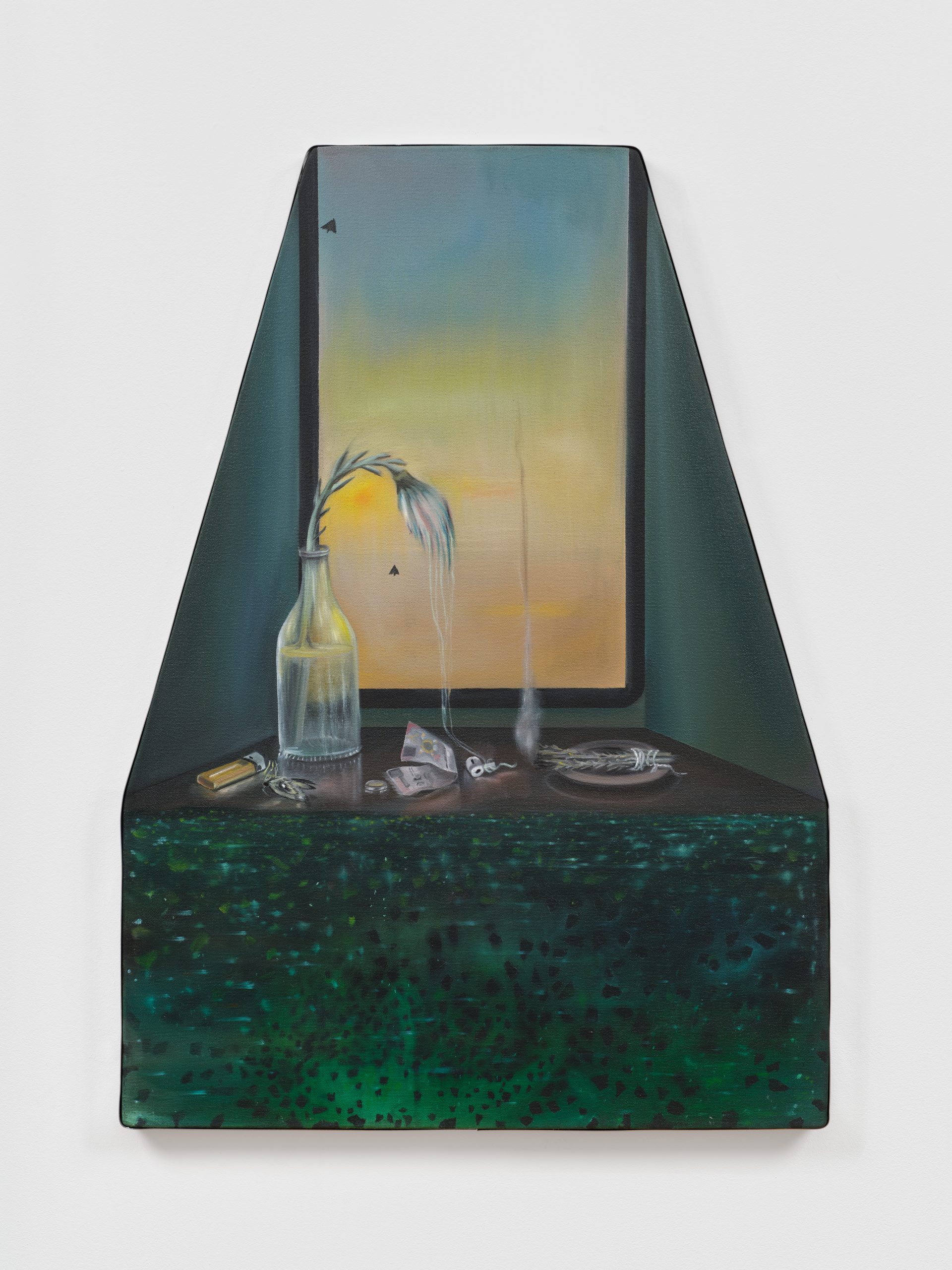 Hexagonal painting with a vase and incense on windowsill