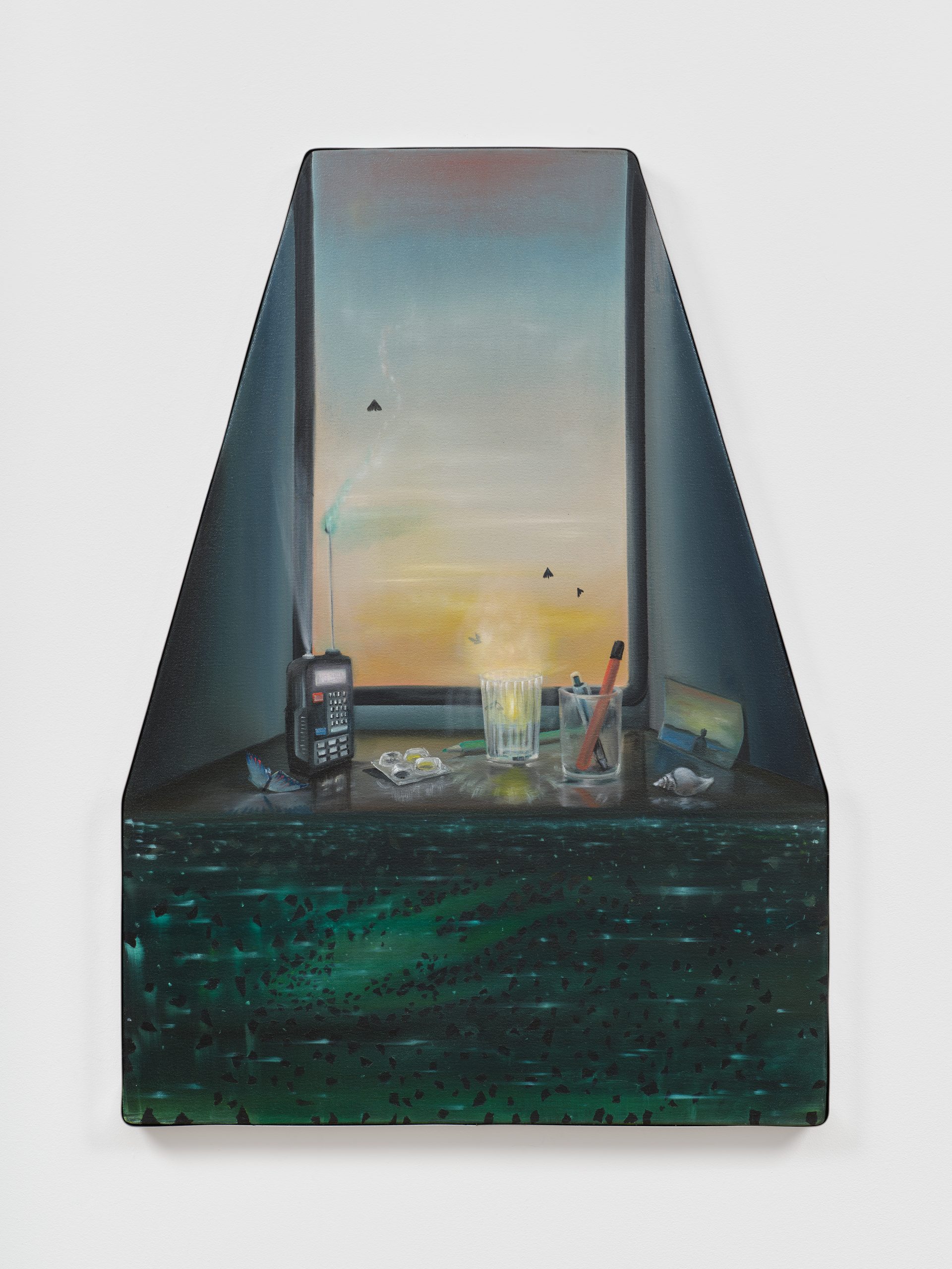 Hexagonal canvas with radio and a window with butterflies