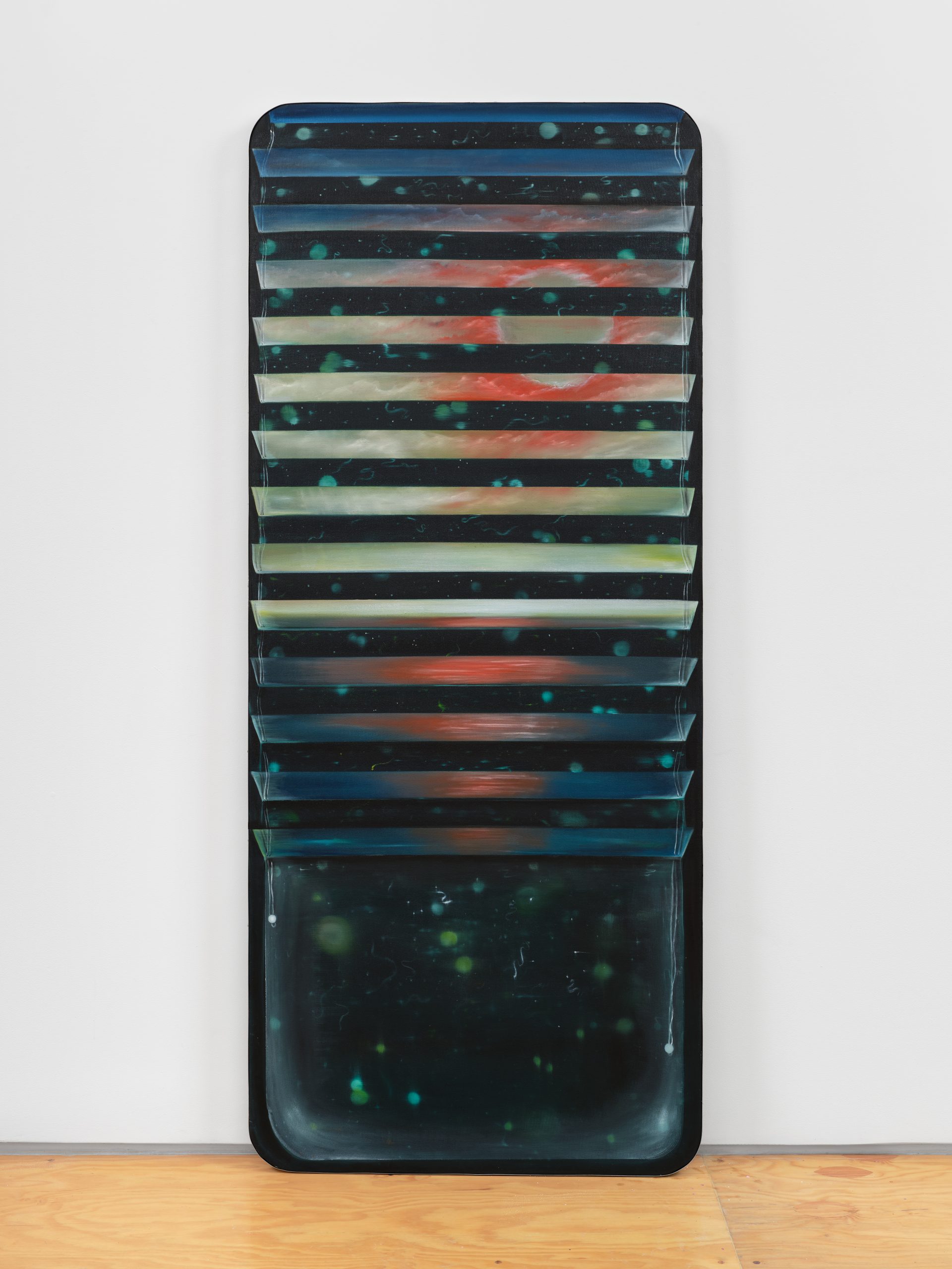 Rectangular shaped painting with curtains blocking a sunset