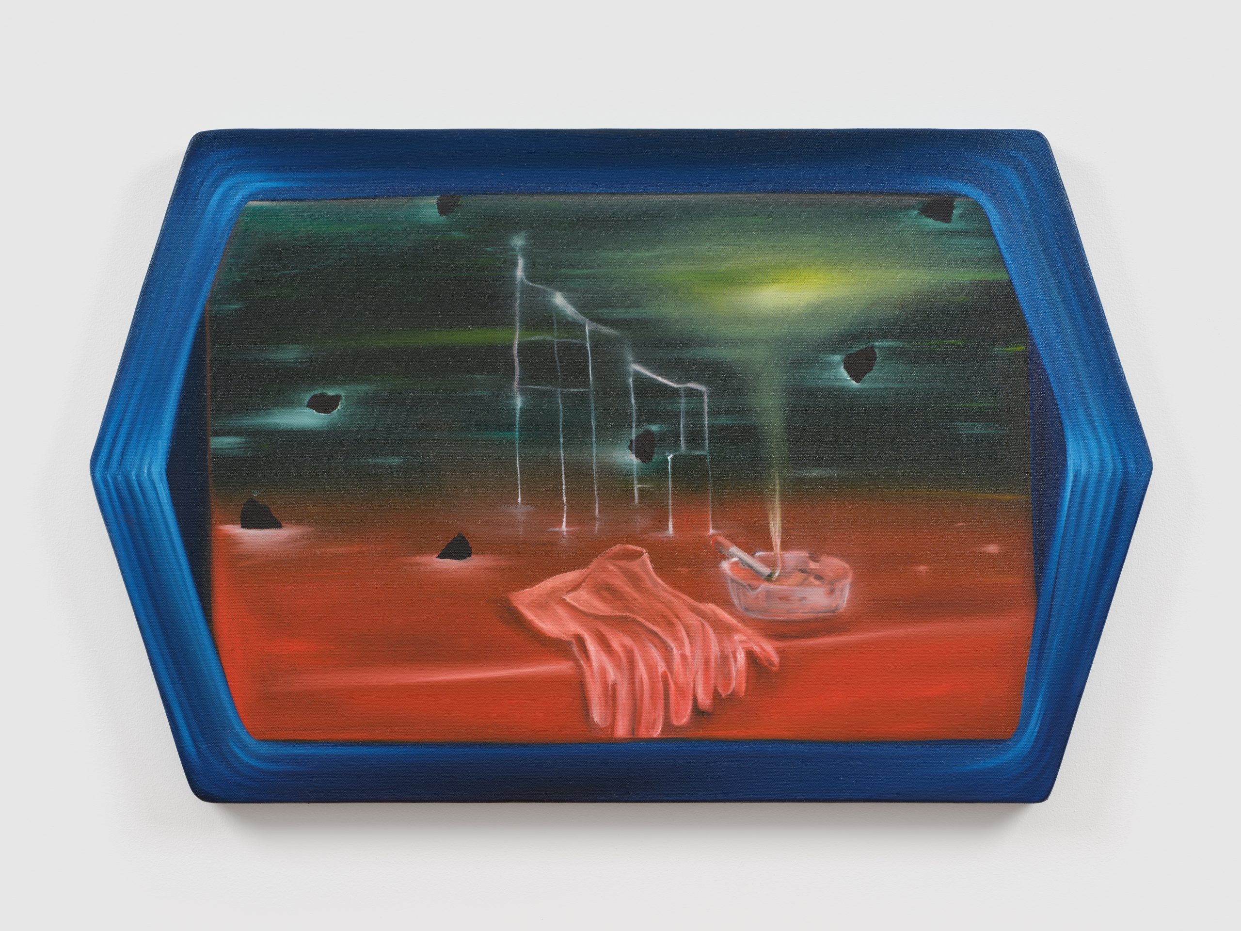 Hexagonal painting with red hilly landscape, a cigarette, and a green sky