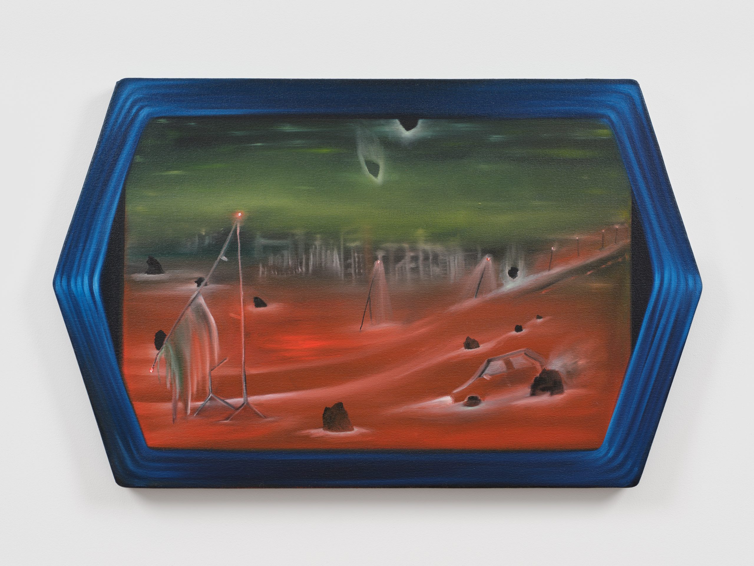 Hexagonal painting with red hilly landscape and a green sky