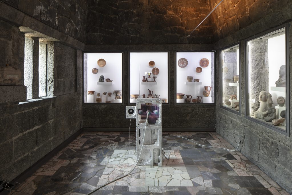 Installation view of exhibition by Carolina Fusilier, ¿Cómo se scribe muerte al sur? at Museo Anahuacalli, Mexico City, 2025