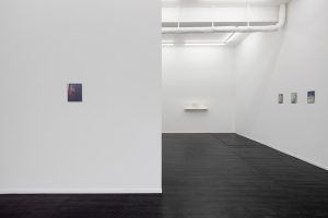 Installation view, Marina Grize, Ditta Baron Hoeber, and Olivia Jia at Kendall Koppe. framed photographs, works on paper and paintings on white wall.