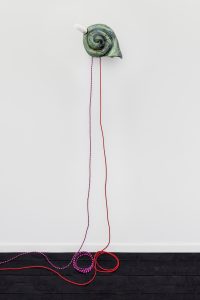 Glazed stoneware, wood, lightbulbs and lighting components in the shape of a snail