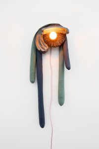 Glazed stoneware, plant dyes fabric (woad, weld and indigo), wood, toy filling and lighting components