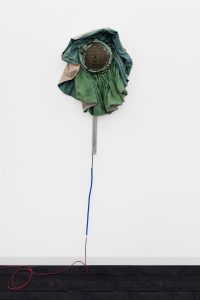 Glazed stoneware, plant dyes fabric (woad and weld), wood, stainless steel tube, foot pump tube, lightbulb and lighting components