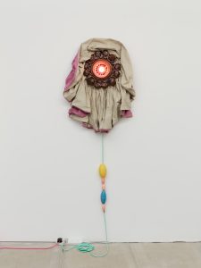 Glazed stone ware, plant dyed fabric (horsetail and cochineal), pink bulb, rope floats, wood, and lighting components