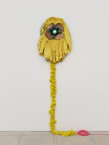 Glazed stone ware, plant dyed fabric (weld and indigo), green bulb, wood, and lighting components