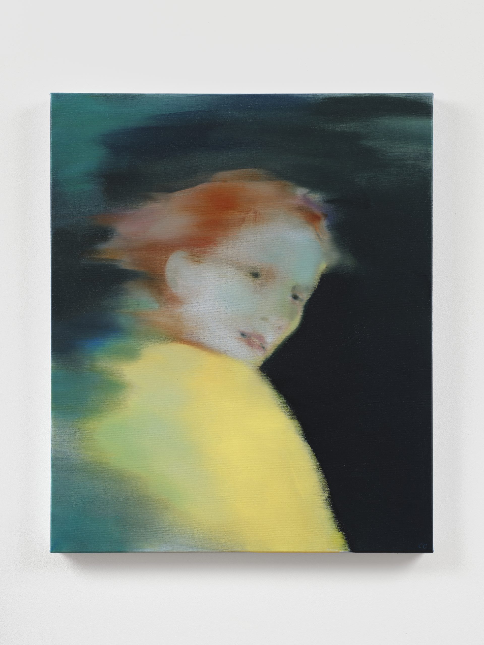 figure in yellows, greens and blues being washed away by the wind