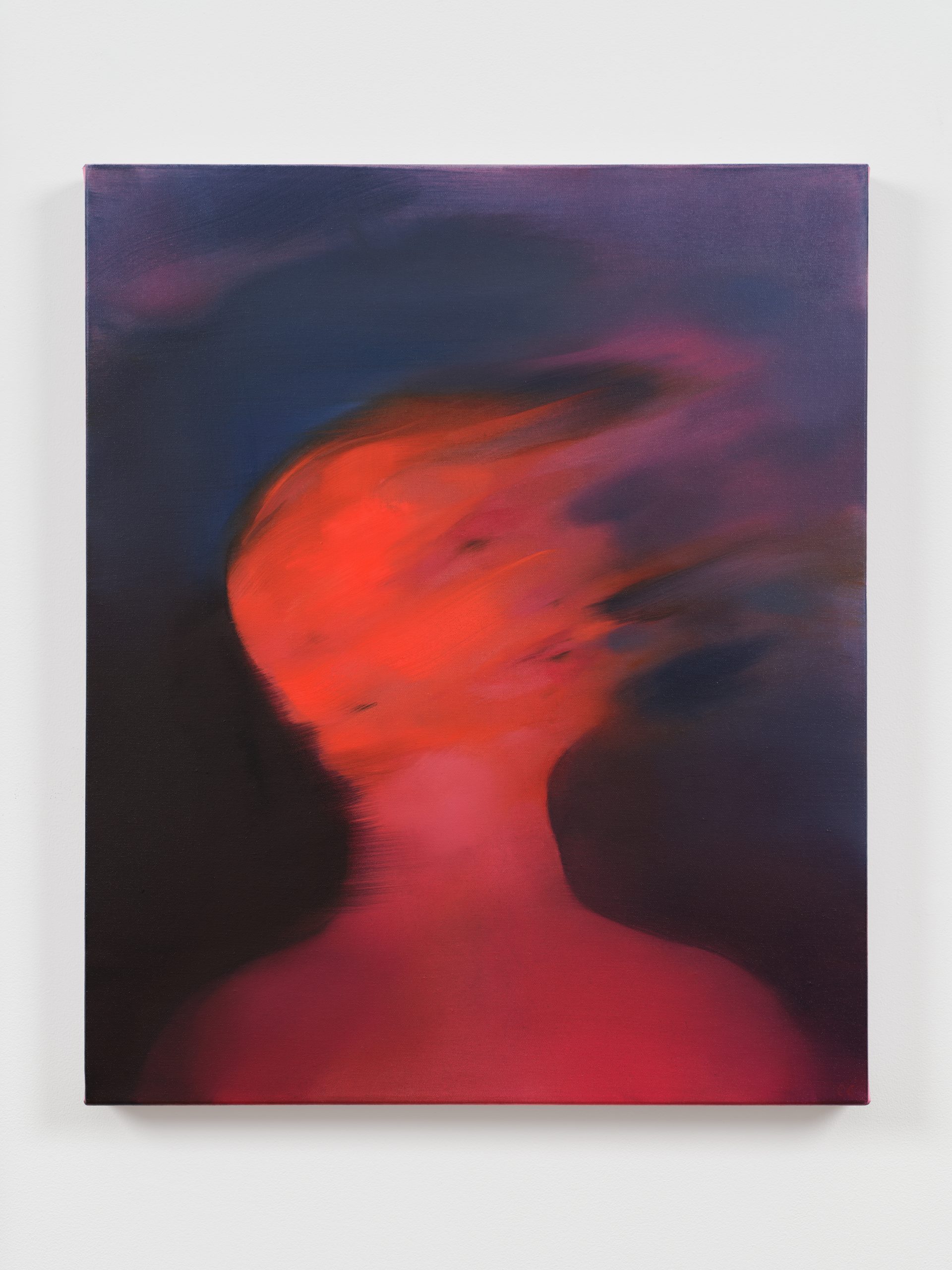 figure in pinks, reds and purples being blown away by the wind