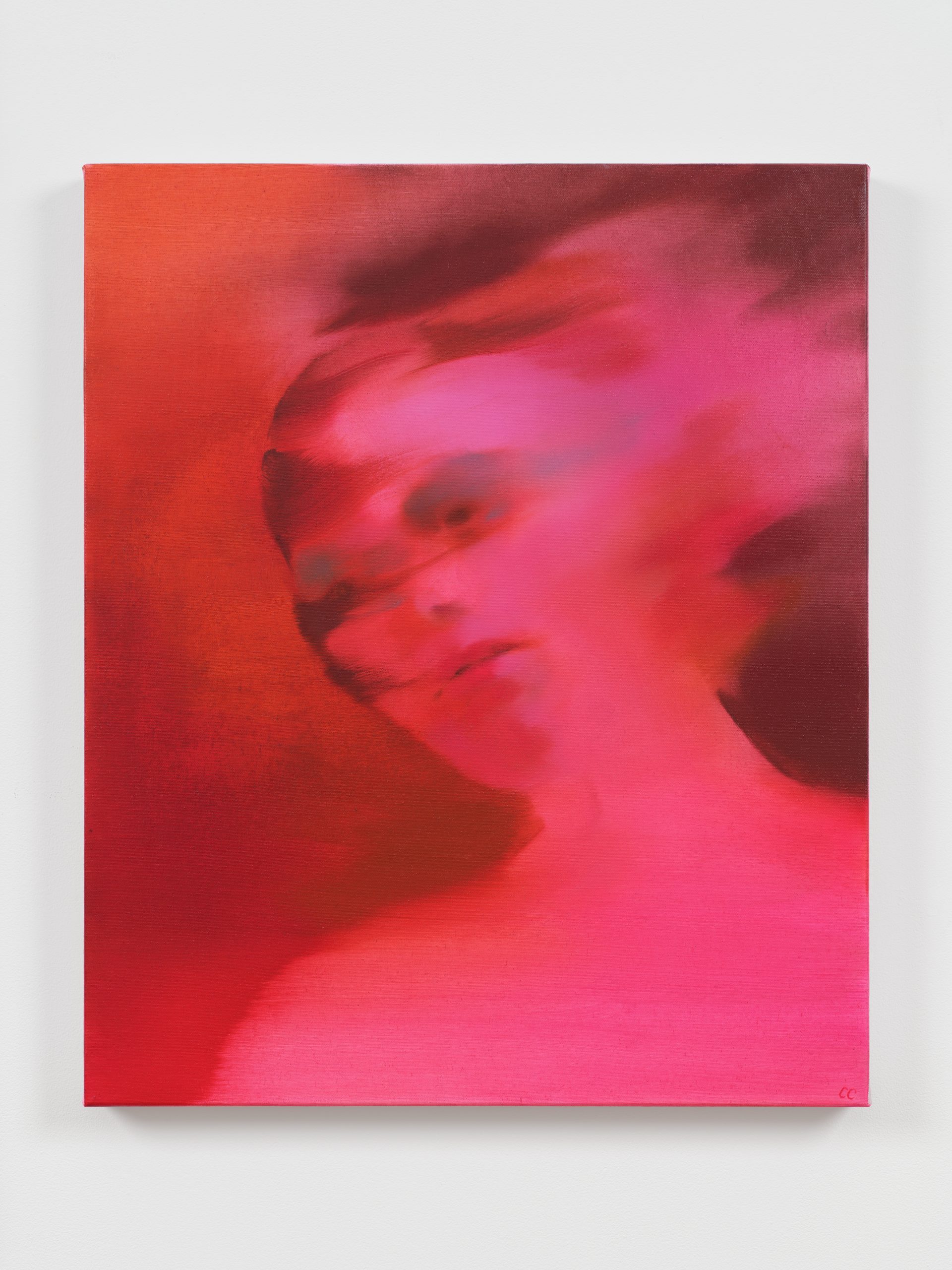 figure in pinks and oranges being blown away by the wind