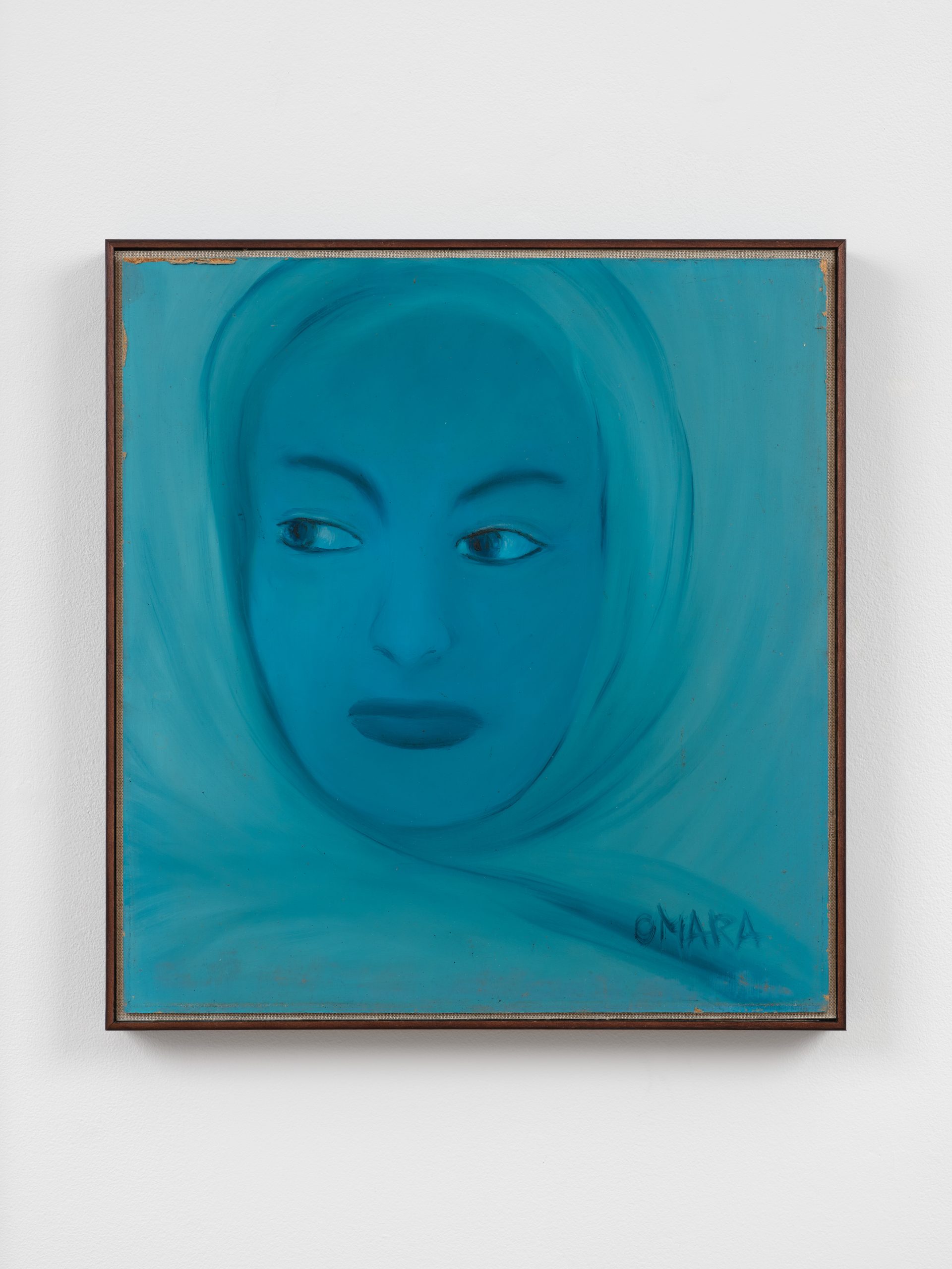 Omara Mara Oláh painting, blue portrait looking to the left, smooth strokes cool and warm blues. toned down. Framed.