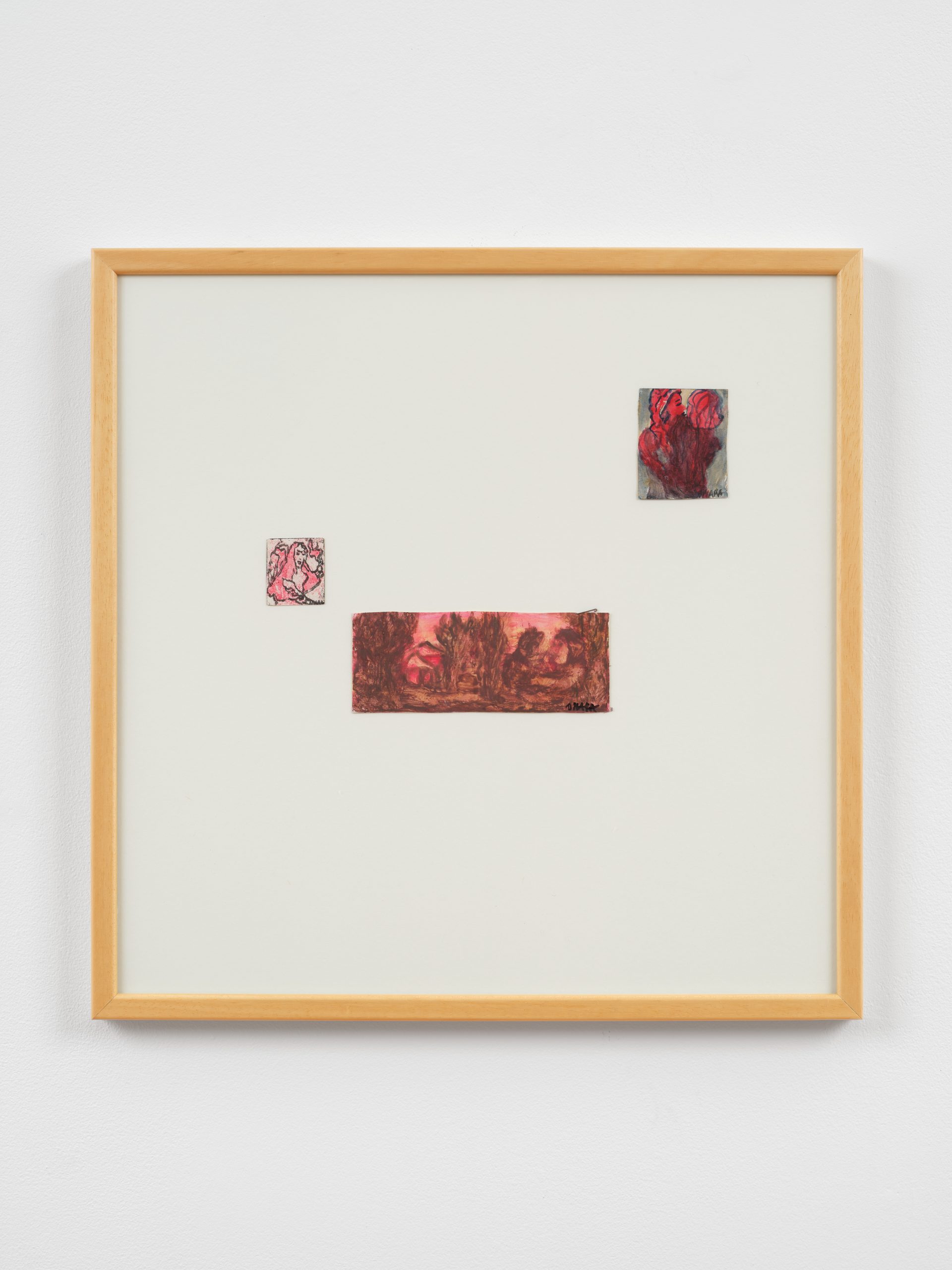 Framed mixed media work on paper. The negative space occupies most of the frame. small cropped illustrations in rectangular shapes float, creating an interesting composition that feels fragmented but in conversation