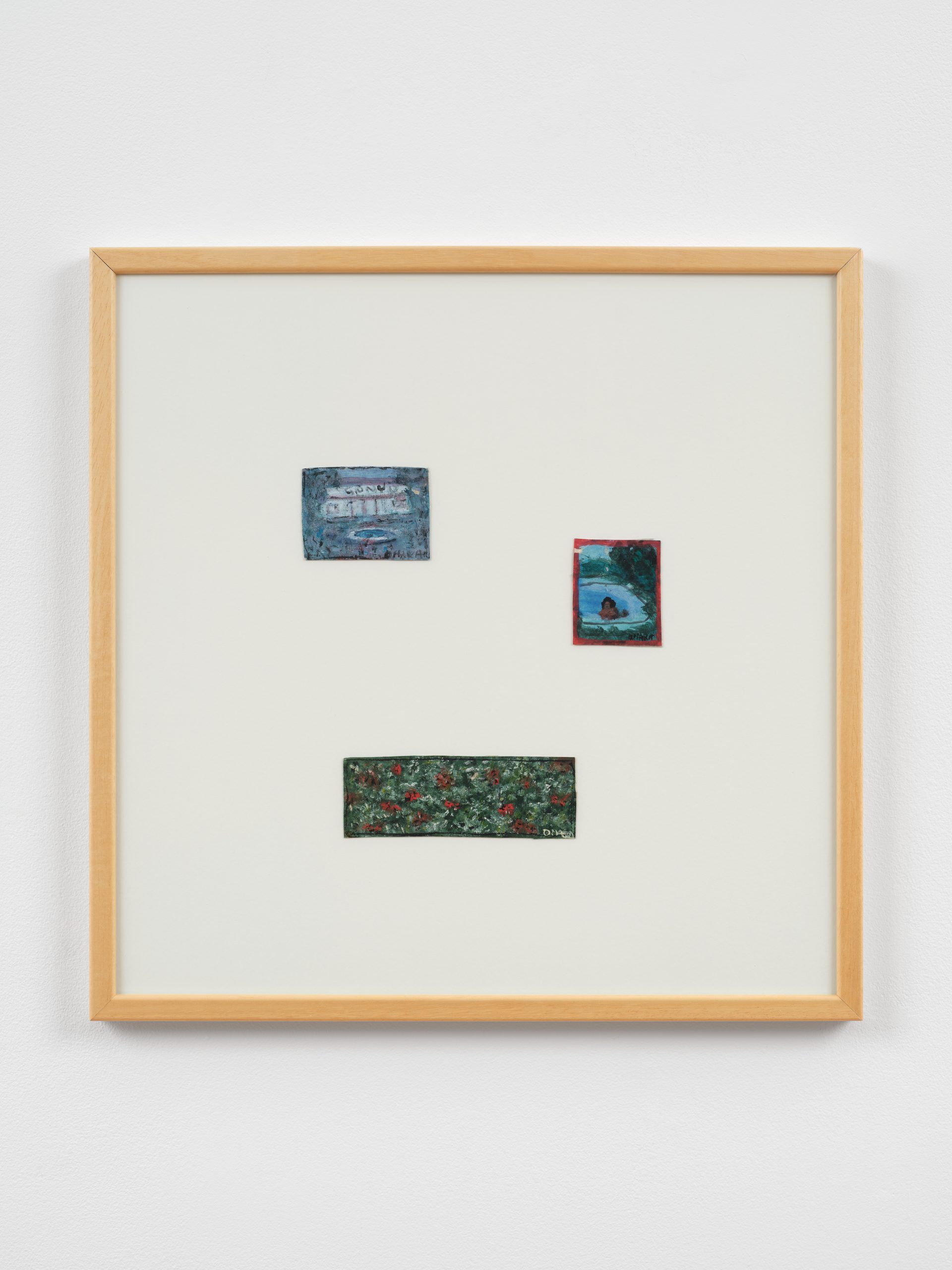 Framed mixed media work on paper. The negative space occupies most of the frame. small cropped illustrations in rectangular shapes float, creating an interesting composition that feels fragmented but in conversation