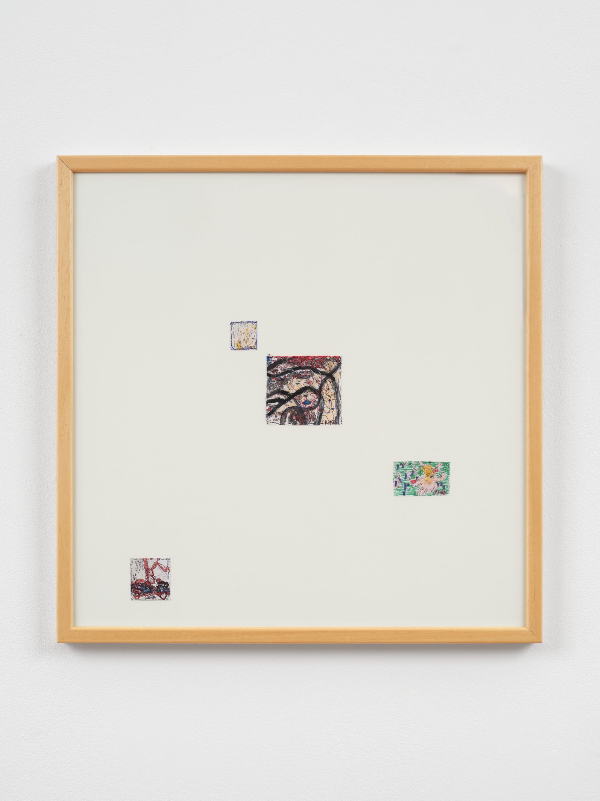 Framed mixed media work on paper. The negative space occupies most of the frame. small cropped illustrations in rectangular shapes float, creating an interesting composition that feels fragmented but in conversation