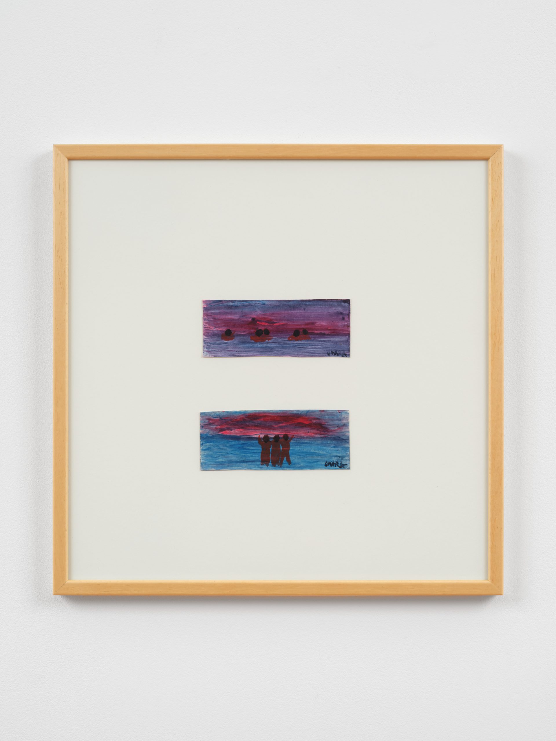 Framed mixed media work on paper. The negative space occupies most of the frame. small cropped illustrations in rectangular shapes float, creating an interesting composition that feels fragmented but in conversation